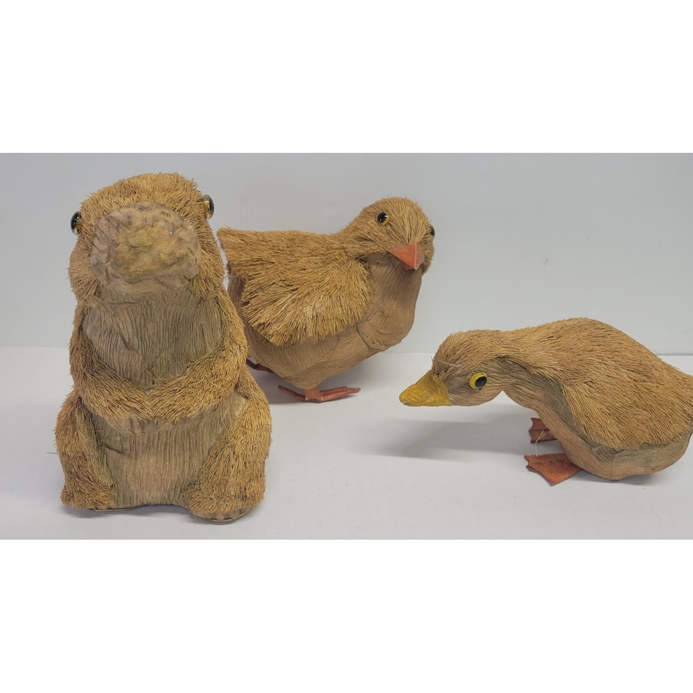 Set of 3 Natural Fiber Buri Animal Figurines Rabbit Chick Duckling Rustic Decor